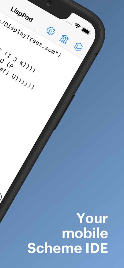 LispPad Go - LispPad Go app showing a mobile Scheme IDE interface with code on an iPhone screen