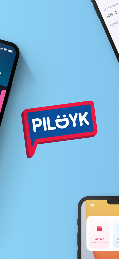The Pildyk app logo in a red speech bubble surrounded by smartphones displaying the account balance and management screens.