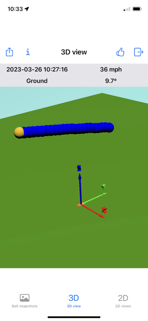 SPEEDUP Cricket - A 3D visualization of a cricket ball trajectory showing its path and a speed measurement of 36 mph