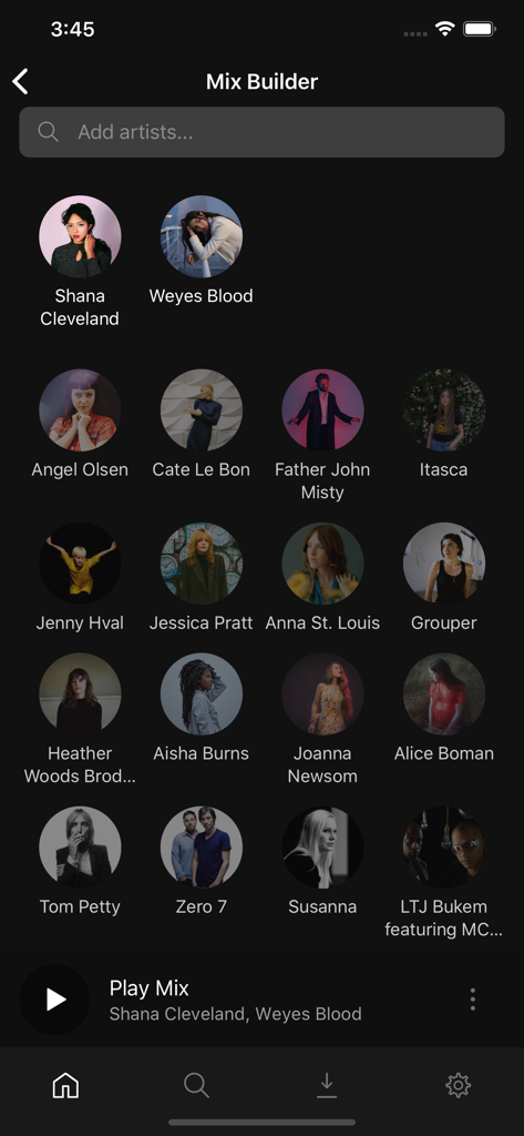 Plexamp mobile App Mix Builder-Bildschirm, der eine Liste von Musik-Künstlern für die Erstellung benutzerdefinierter Mixe anzeigt