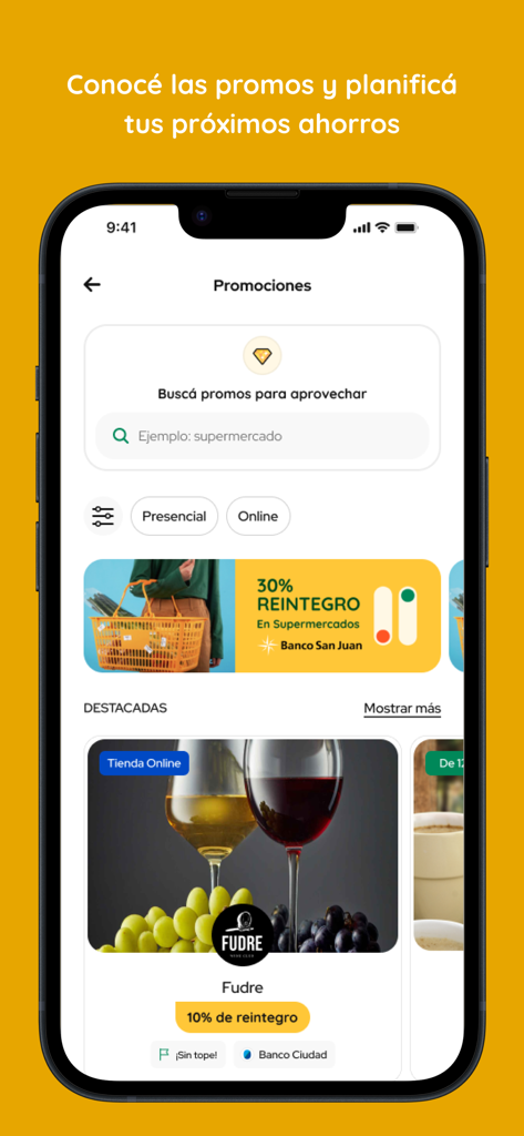Smartphone screen displaying the MODO app promotions section with cashback offers for supermarkets and online stores