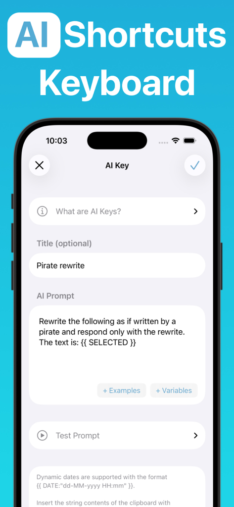 Interface of the WordBoard app showing the configuration of a custom AI shortcut key for rewriting text.