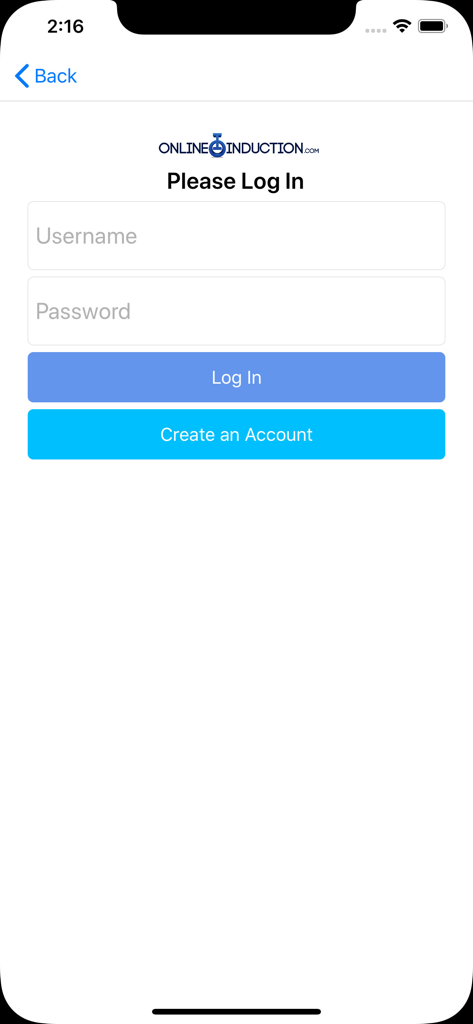 Induction - Login screen for the Induction app with fields for username and password