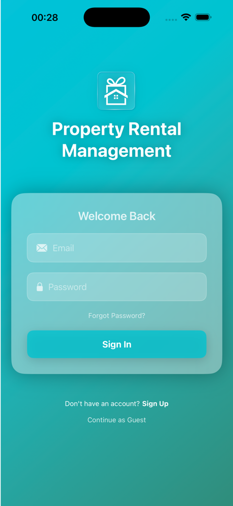 Property Rental Management - Ecrã de início de sessão da aplicação Property Rental Management com fundo azul-petróleo e campos para e-mail e palavra-passe