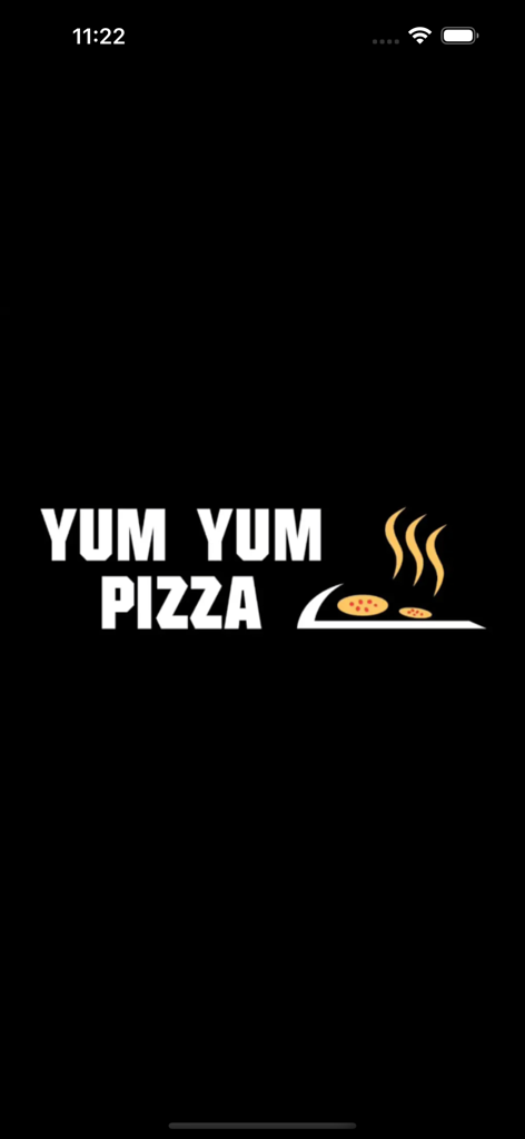 YUM YUM Application - Yum Yum Pizza app splash screen featuring the logo and a steaming pizza icon on a black background