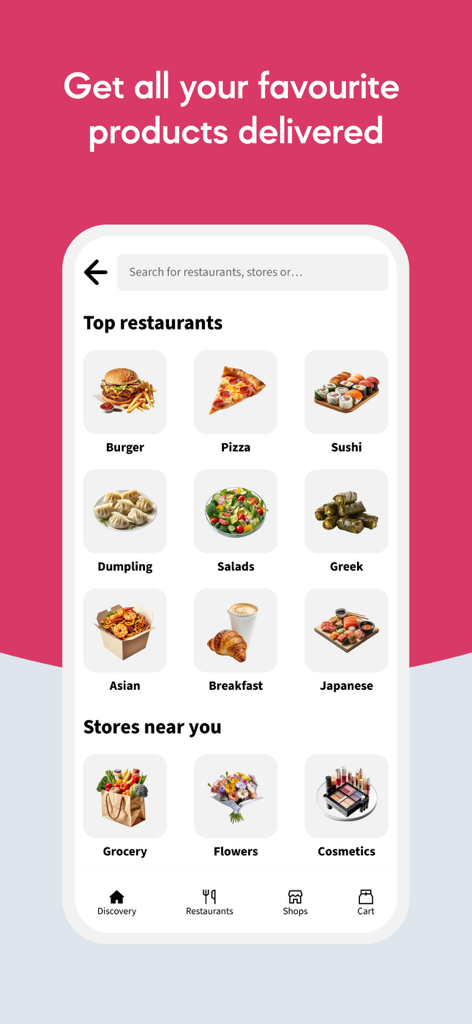 Smood, the Swiss Delivery App - Smood app home screen showing various delivery categories for restaurants groceries flowers and cosmetics