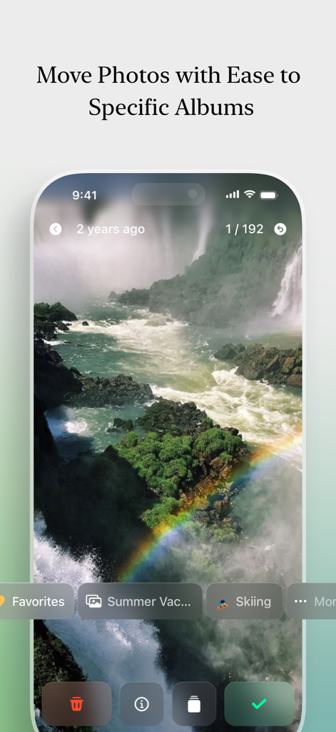 SwipeNow app interface showing how to move photos into custom albums like Summer Vacation and Skiing