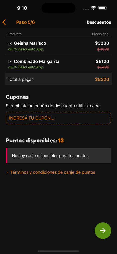 Ishidan - 石段アプリのチェックアウト画面。寿司の注文概要と利用可能な割引が表示されています。