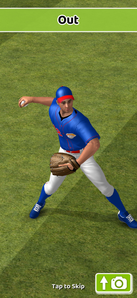 Baseball Game On: offline fun - Un fildeador de béisbol 3D con uniforme azul y blanco parado en un campo de césped después de un out
