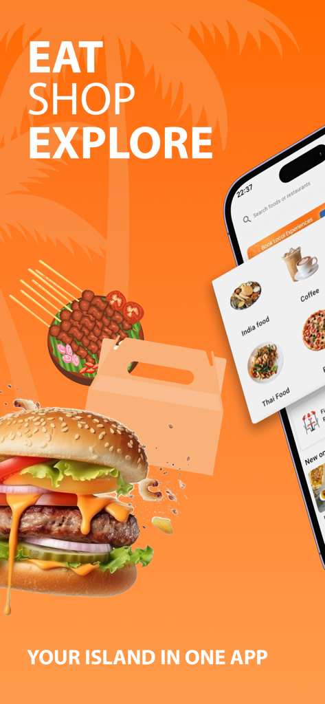 KOHME - KOHME app interface featuring food delivery and local island services on an orange background