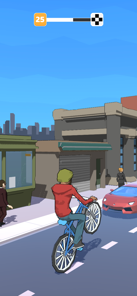 Wheelie Up - A character in a red hoodie performing a bicycle wheelie on a city street