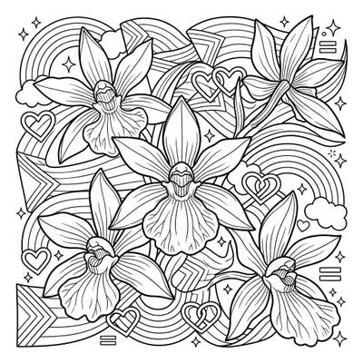 Dive into a world of color and celebration with this beautiful Zygopetalum Orchids and Pride-themed coloring page. Adorned with delicate flowers, rainbows, and hearts, it's perfect for expressing joy and diversity.
