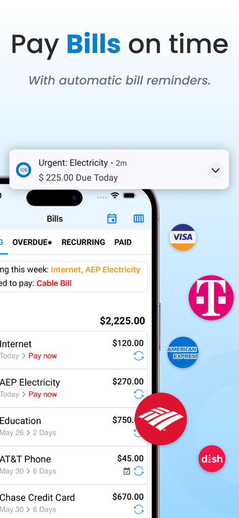 Interfaz de la aplicación TimelyBills que muestra una lista de facturas y un recordatorio urgente para una factura de electricidad