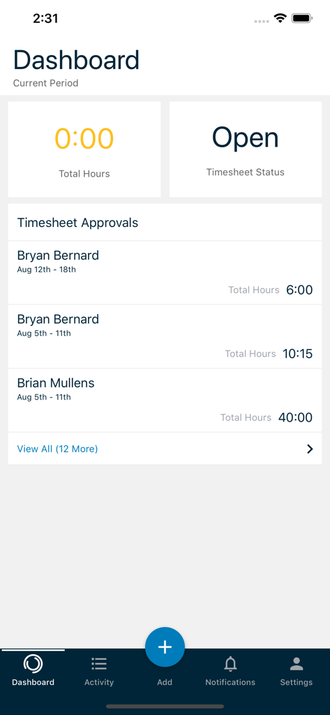 Journyx Mobile - Journyx Mobile dashboard showing total hours and timesheet approvals
