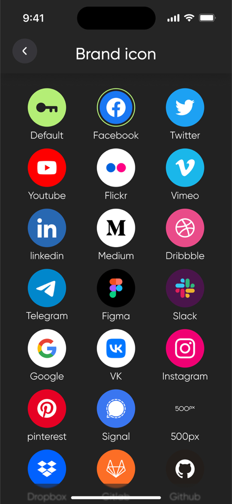 アカウント整理のためにAuthenticatorアプリのインターフェース内にあるGoogle、Facebook、Twitterなどの一般的なサービスブランドアイコンのコレクション。