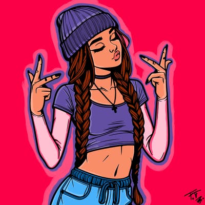 realistic teenage girl with braids and a beanie and crop top doing 🫶🏼