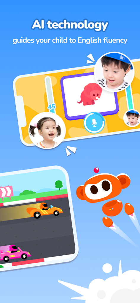 Monkey Junior app interface showing AI powered English fluency lessons and interactive games for children