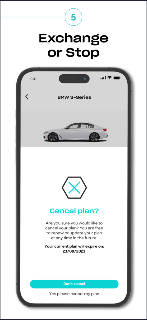 Otto car subscription app screen showing the option to cancel or exchange a BMW 3-Series plan