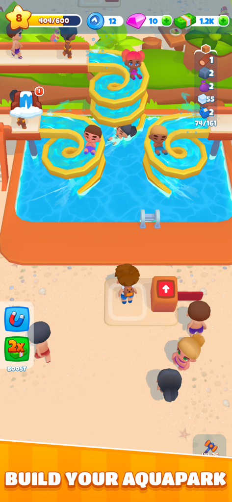 Bliss Bay - Characters enjoying spiral water slides at a tropical water park in the Bliss Bay mobile game
