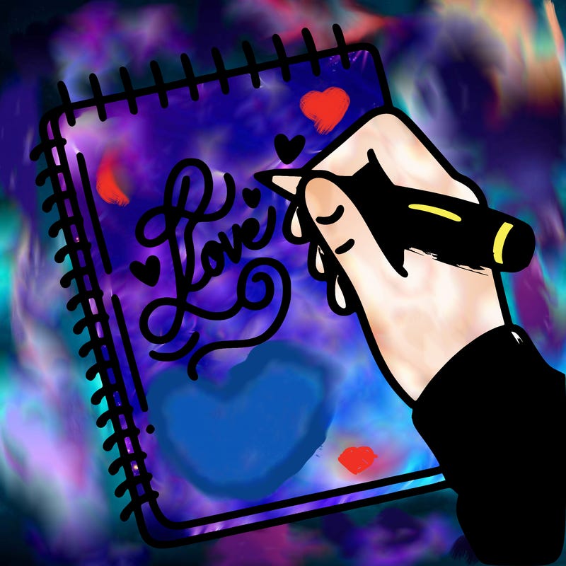 a hand writing “love” in calligraphy on a notebook
