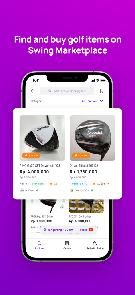 Swing - Multisport App - Swingアプリのマーケットプレイス画面。販売中のゴルフ<bos>クラブを表示