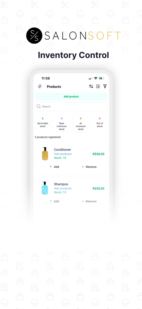 Salon Soft mobile app interface showing inventory control for hair products like shampoo and conditioner