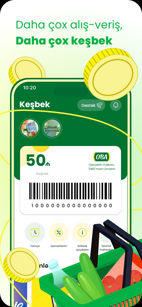 캐시백 잔액과 바코드를 보여주는 OBA 마켓 앱 로열티 화면