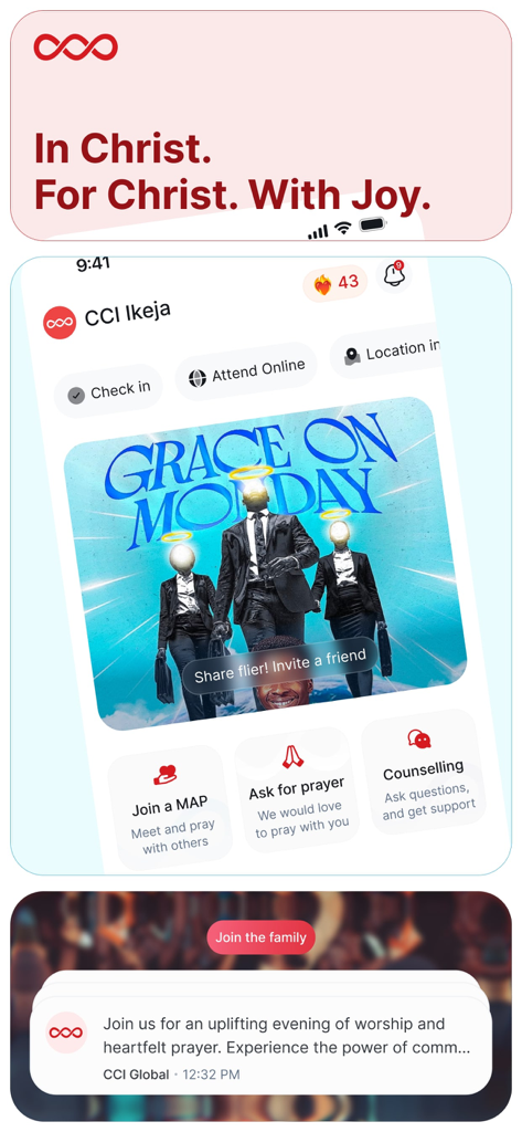 Celebration Church Int'l (CCI) - Interface of the Celebration Church International app featuring spiritual resources and community connection options