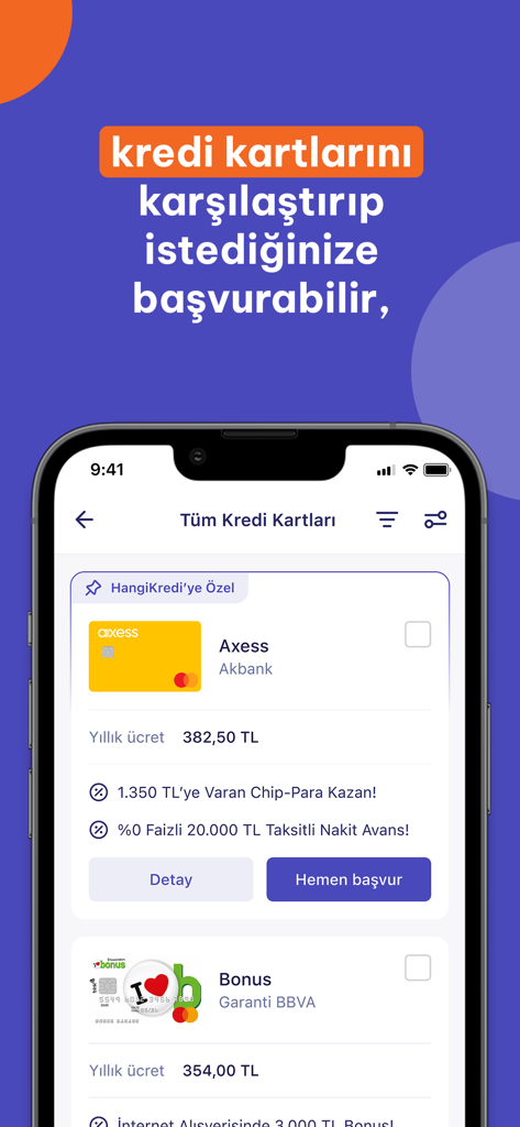 연회비가 있는 사용 가능한 카드 목록과 함께 신용카드 비교 인터페이스를 보여주는 HangiKredi 모바일 앱 스크린샷
