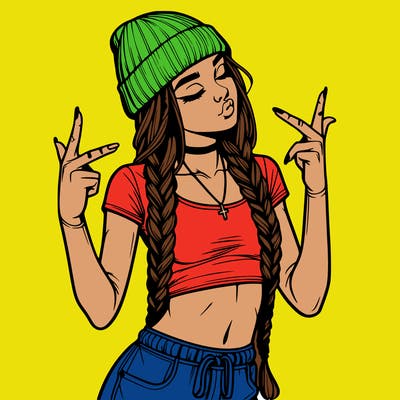 realistic teenage girl with braids and a beanie and crop top doing 🫶🏼