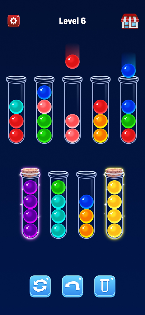 Ball Puzzle - Color Sorting - Gameplay screenshot of Ball Puzzle - Color Sorting showing colored balls being organized into glass tubes.