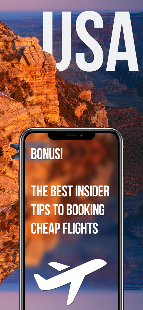Booking Cheap Flight Tickets - App screen displaying insider tips for booking cheap flights with a USA background.