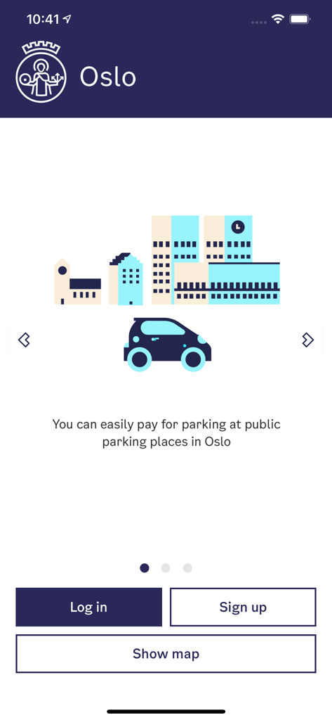 Welcome screen of the Bil i Oslo app showing options to log in sign up or show a map for parking