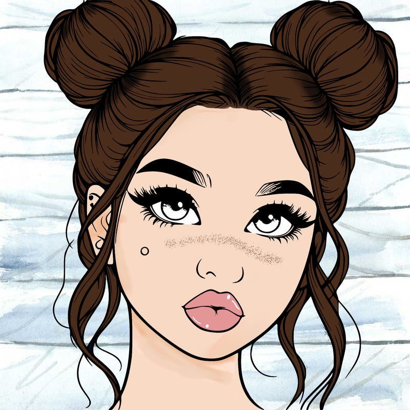 realistic girl with two buns on her hair and lips