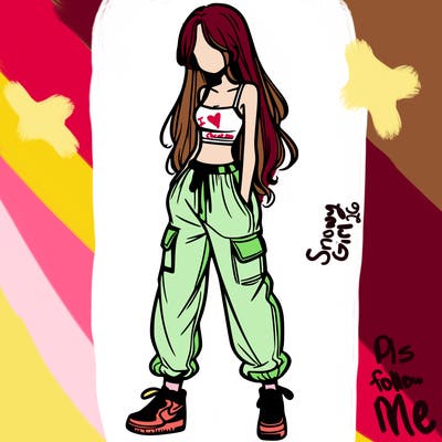 girl in baggy pants crop top and long hair