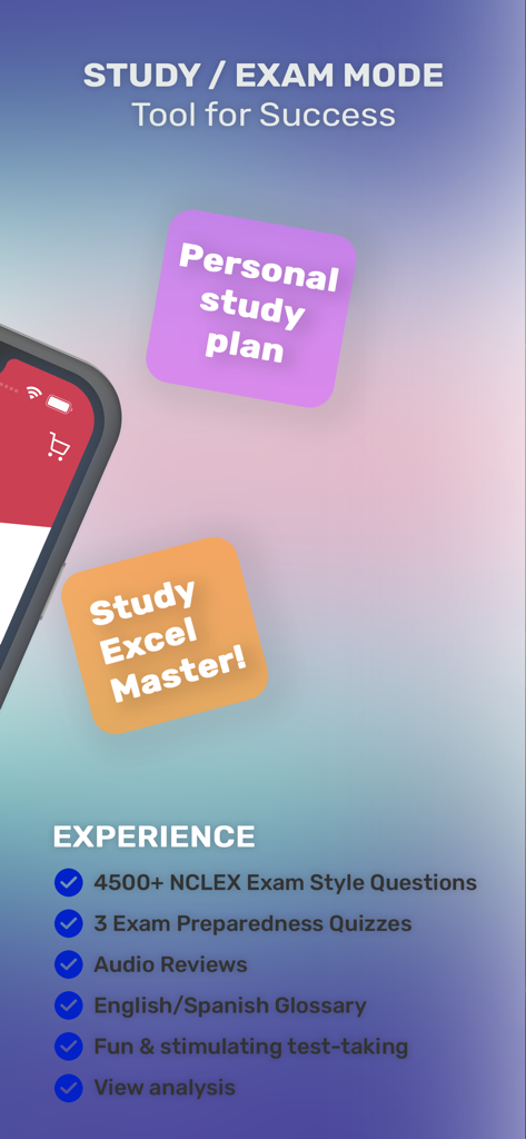 Fonctionnalités d'étude de l'application Saunders NCLEX-PN, y compris les questions pratiques et les plans d'étude personnalisés.