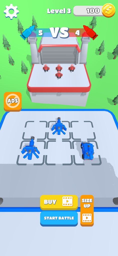 Gameplay screenshot of Merge Tanks Army Clash showing the squad preparation screen on Level 3 with blue tanks and artillery units facing red enemies.
