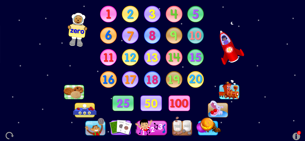 Tela principal de seleção do aplicativo Starfall Numbers com ícones numéricos coloridos e tema espacial