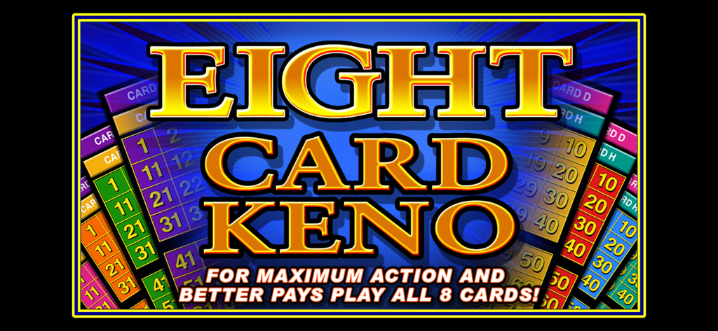 Werbegrafik für Acht-Karten-Keno in der Keno Star App mit mehreren bunten Keno-Karten und Text, der bessere Auszahlungen für das Spielen aller acht Karten hervorhebt.