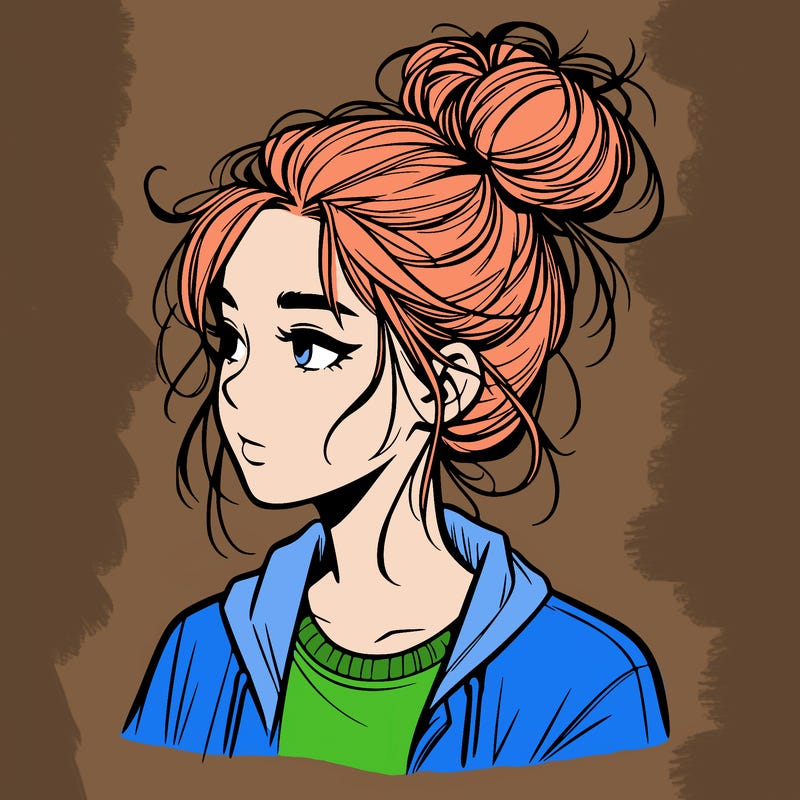 realistic teenage girl with a messy bun