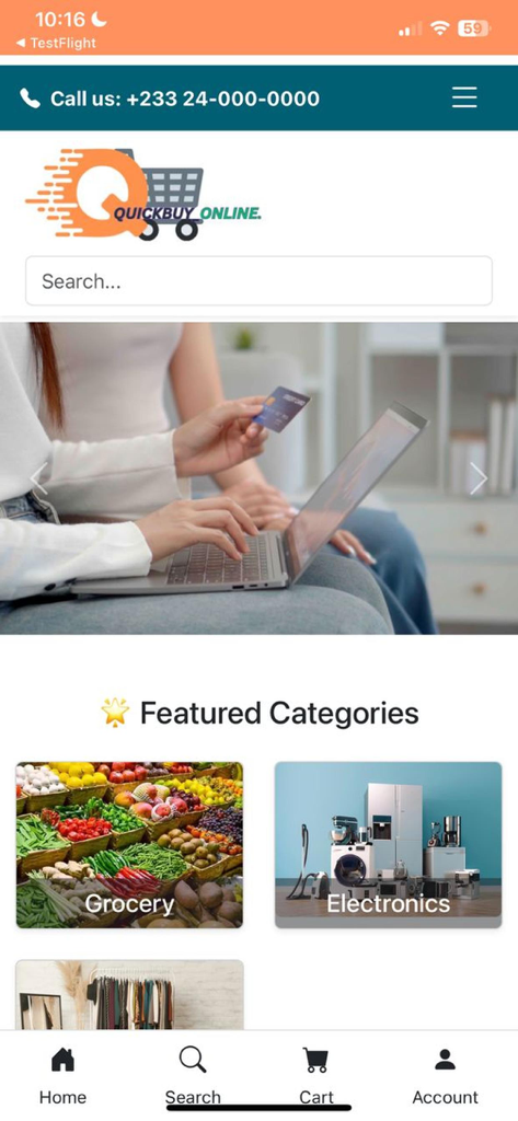 QuickBuy Online - QuickBuy Online app home screen displaying grocery and electronics categories