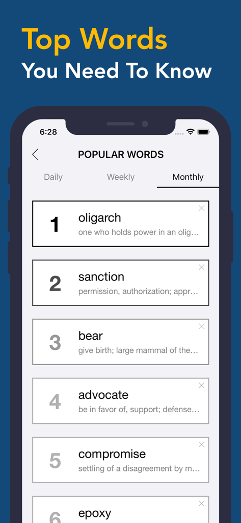 Dictionary & Translator - 辞書アプリのインターフェイスに、 oligarch sanction advocate のような毎月人気のトップ単語のリストが表示されています