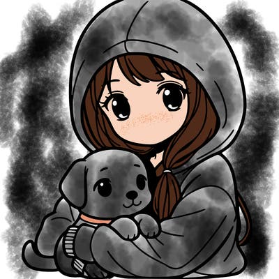 a girl wearing a hoodie hugging a dog