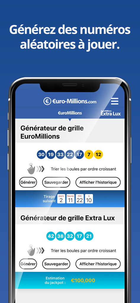 EuroMillions (Française) - La interfaz del generador de números aleatorios de la aplicación EuroMillions que muestra las cuadrículas de lotería y las combinaciones de números ganadores