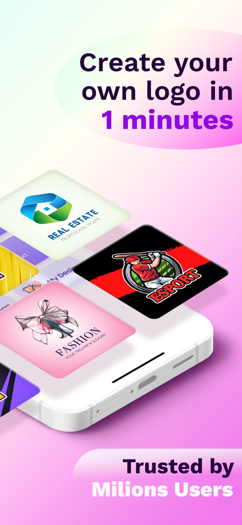 LogoX - AI Logo Maker - Interfaz de la aplicación LogoX mostrando diversos diseños de logos para negocios, gaming y moda