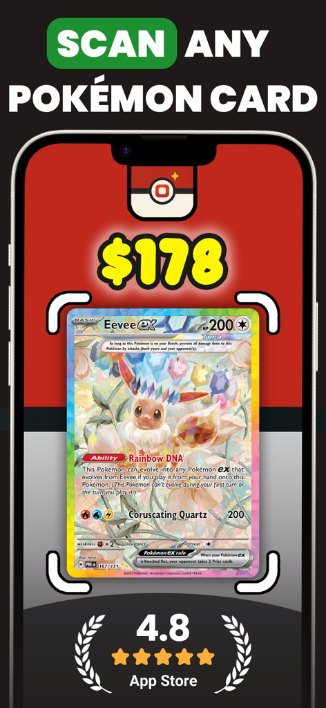 L'application PokeScope analyse une carte Eevee ex pour afficher sa valeur marchande de 178 dollars