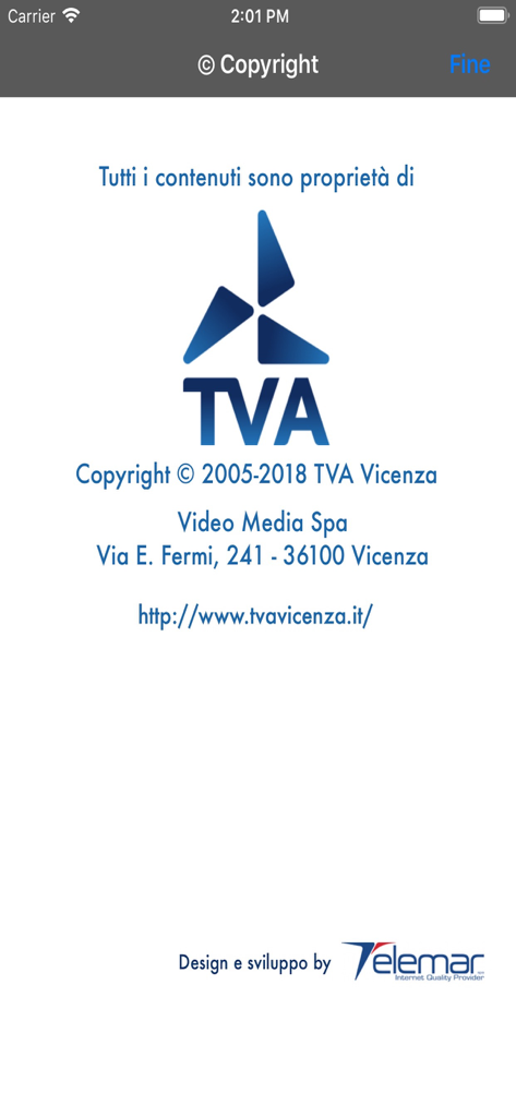 TVApp - Schermata delle informazioni sul copyright e sullo sviluppatore per TVApp con il logo TVA Vicenza