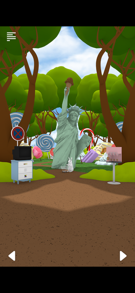 환상적인 사탕 숲 속에서 아이스크림 콘을 들고 있는 자유의 여신상