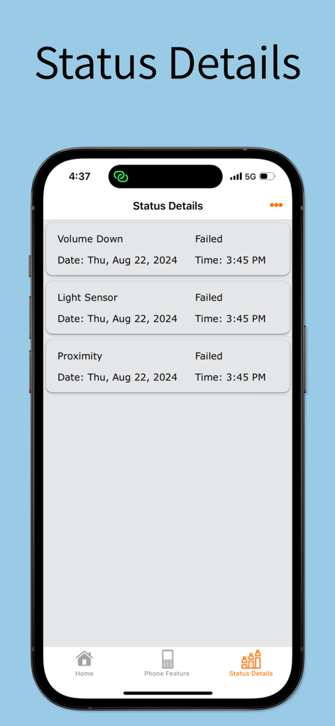 iDiagnosis app status details screen showing failed hardware tests for volume button and sensors