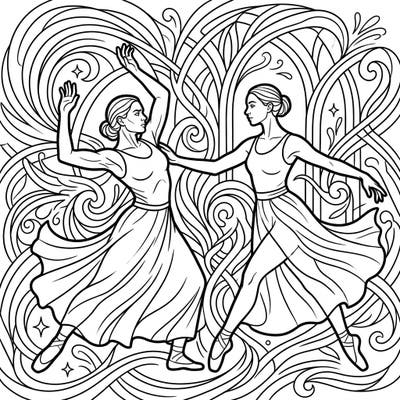 Dive into a powerful artistic expression with this intricate dance coloring page, symbolizing the journey through conflict to understanding. Featuring two expressive dancers amidst swirling patterns, it offers a deeply engaging coloring experience.